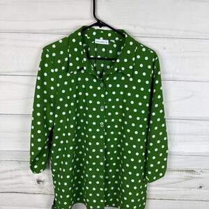 Susan Graver Sz LG.GREEN POLKA-DOT 3/4 Sleeve Easy-Care Blouse Shirt Top